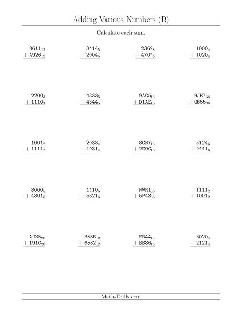 The Adding Various Base Numbers (B) Math Worksheet