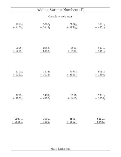 The Adding Various Base Numbers (F) Math Worksheet