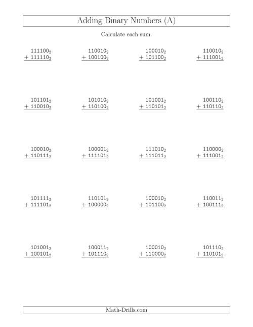 The Adding Binary Numbers (Base 2) (A) Math Worksheet