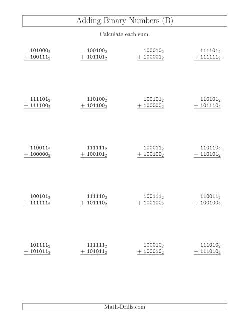 The Adding Binary Numbers (Base 2) (B) Math Worksheet