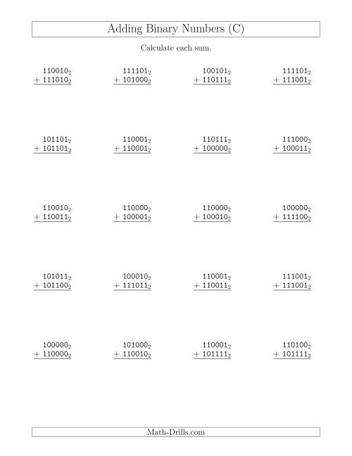 The Adding Binary Numbers (Base 2) (C) Math Worksheet