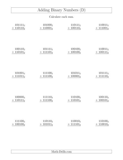 The Adding Binary Numbers (Base 2) (D) Math Worksheet