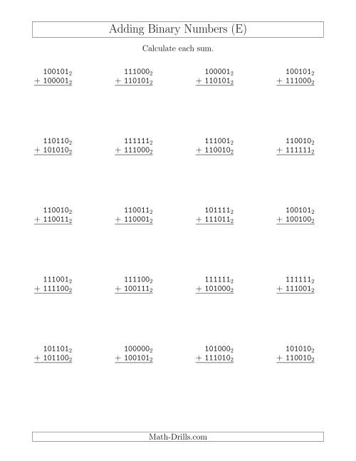 The Adding Binary Numbers (Base 2) (E) Math Worksheet