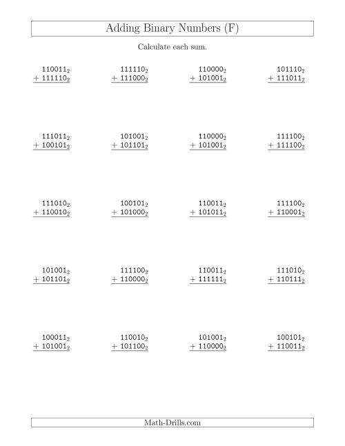 The Adding Binary Numbers (Base 2) (F) Math Worksheet