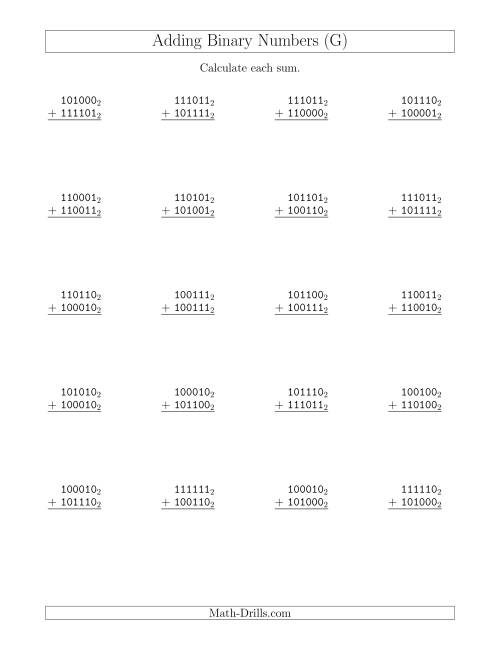 The Adding Binary Numbers (Base 2) (G) Math Worksheet