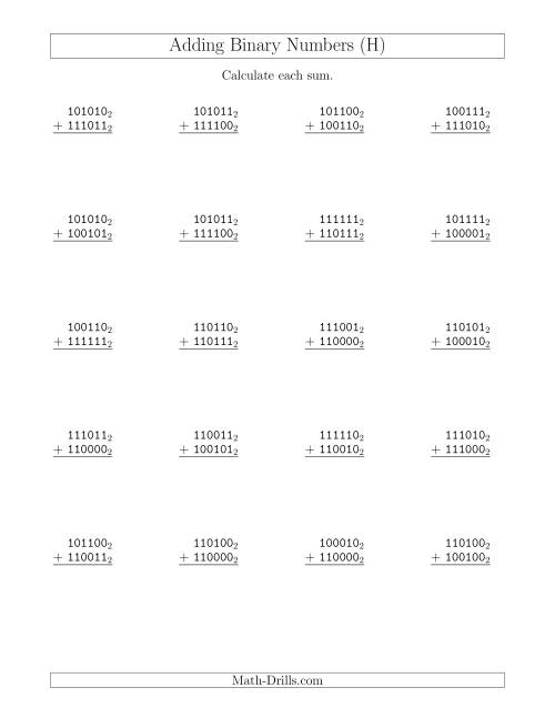 The Adding Binary Numbers (Base 2) (H) Math Worksheet
