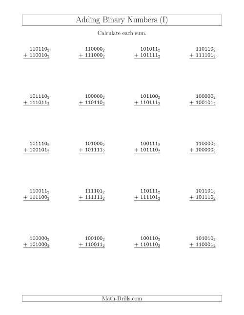 The Adding Binary Numbers (Base 2) (I) Math Worksheet