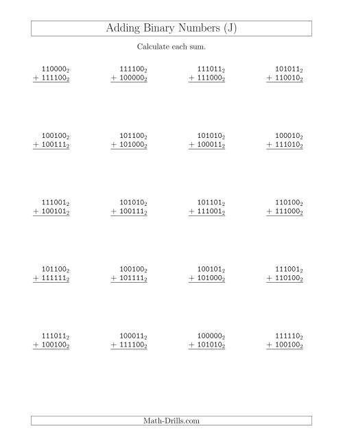 The Adding Binary Numbers (Base 2) (J) Math Worksheet