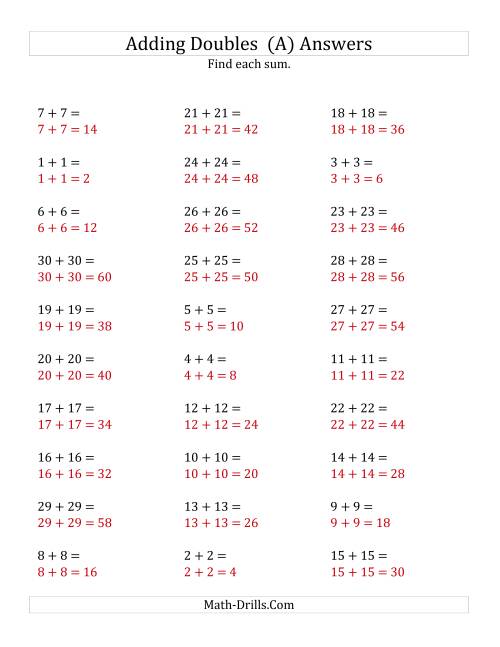 The Adding Doubles (Large Numbers) (A) Math Worksheet Page 2