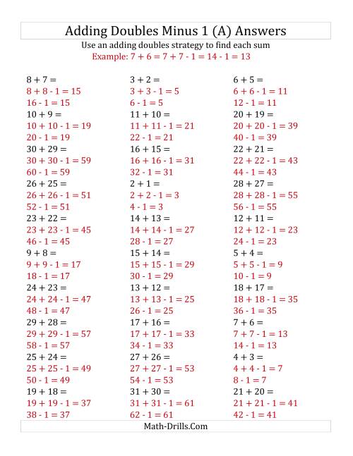 The Adding Doubles Minus 1 (Large Numbers) (A) Math Worksheet Page 2