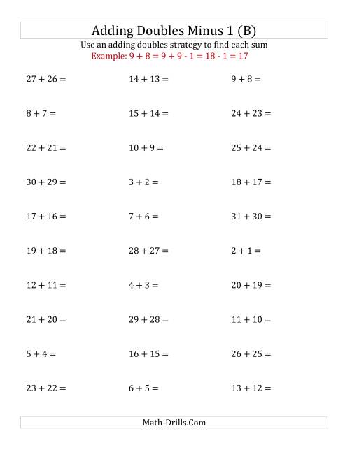 The Adding Doubles Minus 1 (Large Numbers) (B) Math Worksheet