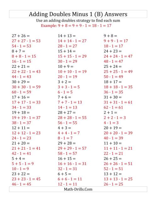 The Adding Doubles Minus 1 (Large Numbers) (B) Math Worksheet Page 2