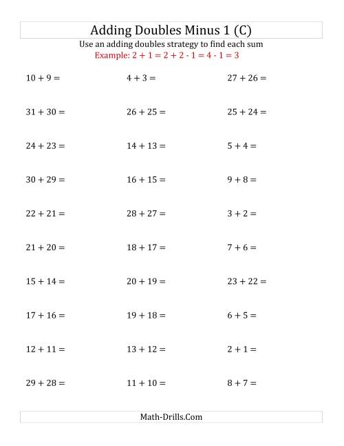 The Adding Doubles Minus 1 (Large Numbers) (C) Math Worksheet