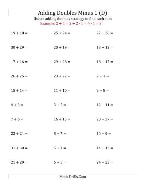 The Adding Doubles Minus 1 (Large Numbers) (D) Math Worksheet