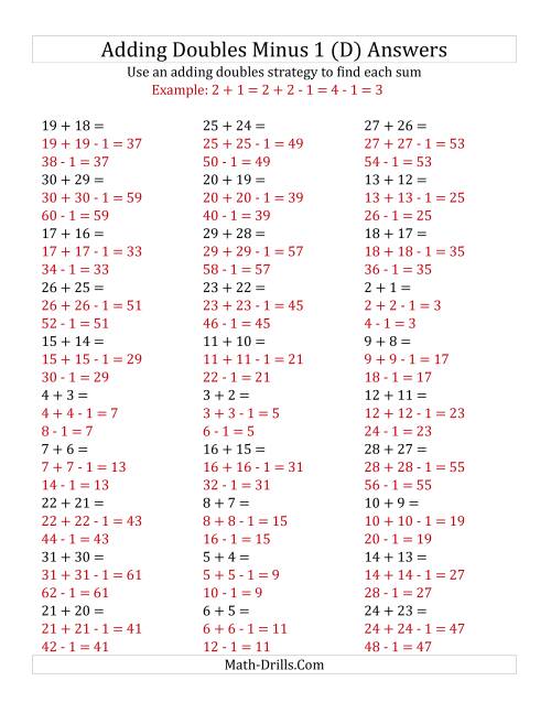 The Adding Doubles Minus 1 (Large Numbers) (D) Math Worksheet Page 2