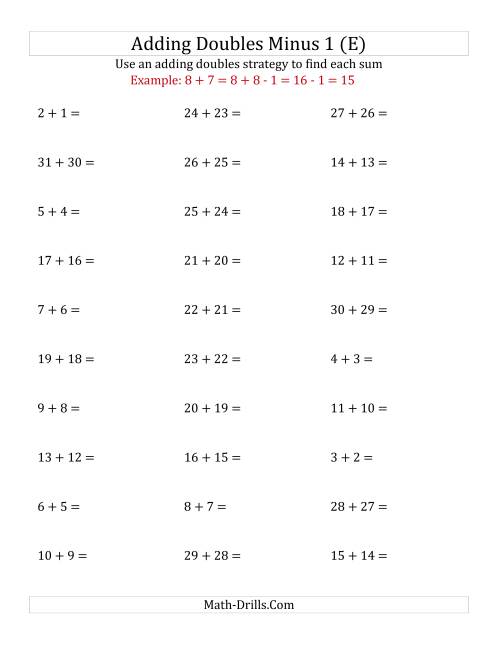 The Adding Doubles Minus 1 (Large Numbers) (E) Math Worksheet