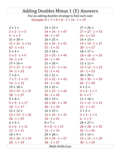The Adding Doubles Minus 1 (Large Numbers) (E) Math Worksheet Page 2