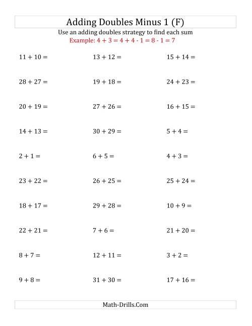 The Adding Doubles Minus 1 (Large Numbers) (F) Math Worksheet