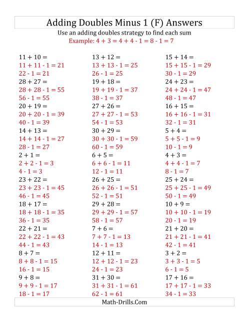The Adding Doubles Minus 1 (Large Numbers) (F) Math Worksheet Page 2