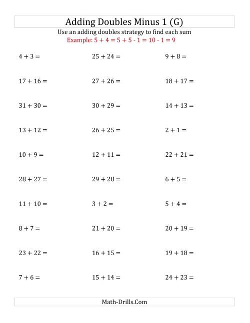 The Adding Doubles Minus 1 (Large Numbers) (G) Math Worksheet