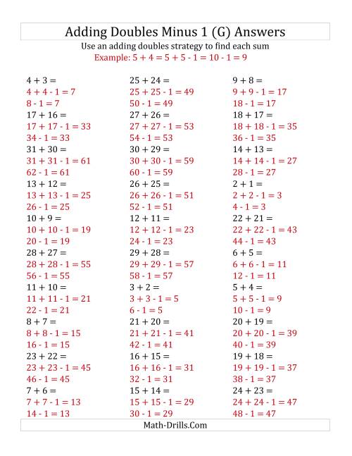 The Adding Doubles Minus 1 (Large Numbers) (G) Math Worksheet Page 2