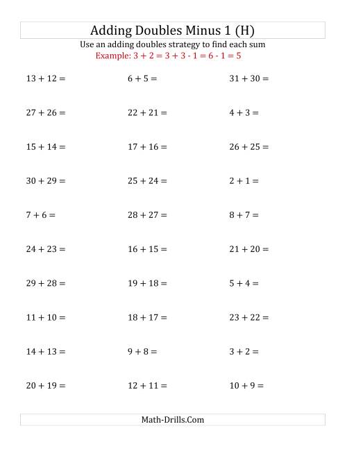 The Adding Doubles Minus 1 (Large Numbers) (H) Math Worksheet