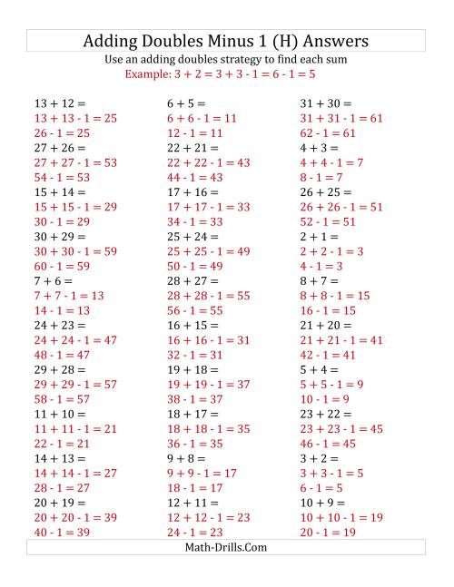 The Adding Doubles Minus 1 (Large Numbers) (H) Math Worksheet Page 2