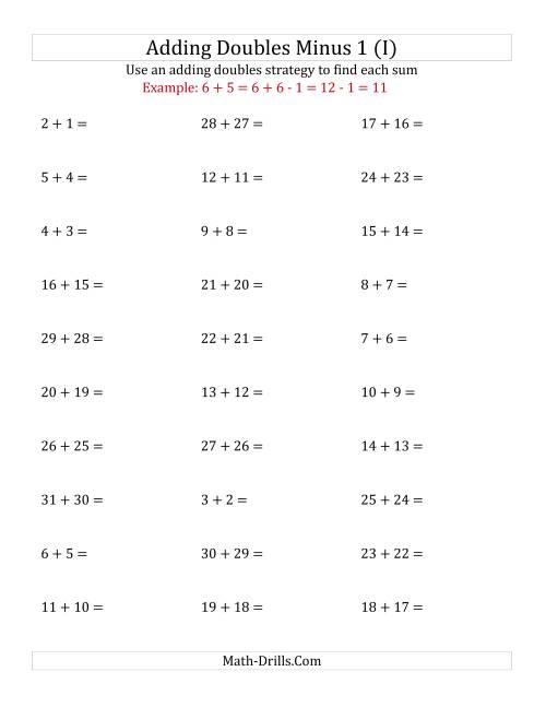 The Adding Doubles Minus 1 (Large Numbers) (I) Math Worksheet