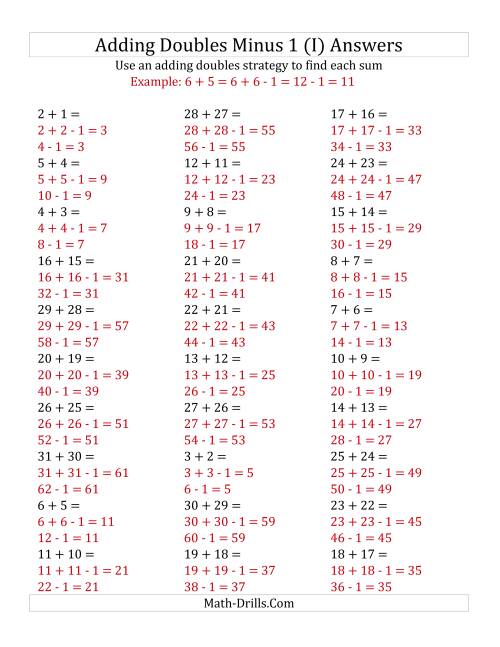 The Adding Doubles Minus 1 (Large Numbers) (I) Math Worksheet Page 2