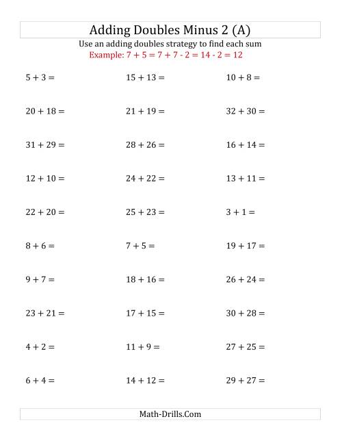 The Adding Doubles Minus 2 (Large Numbers) (A) Math Worksheet