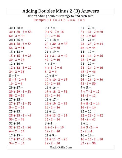 The Adding Doubles Minus 2 (Large Numbers) (B) Math Worksheet Page 2