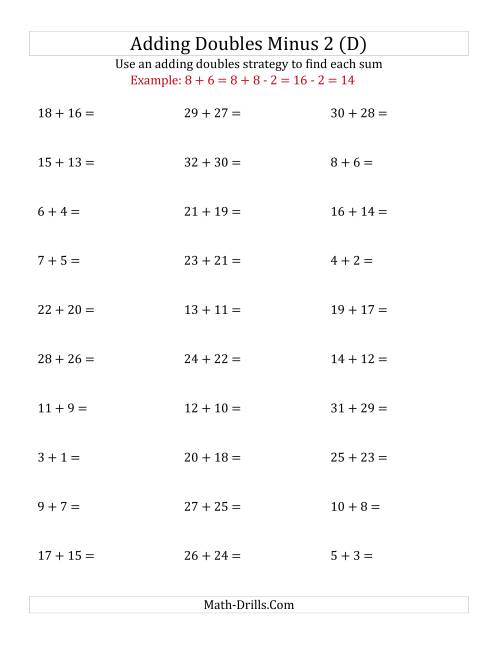 The Adding Doubles Minus 2 (Large Numbers) (D) Math Worksheet