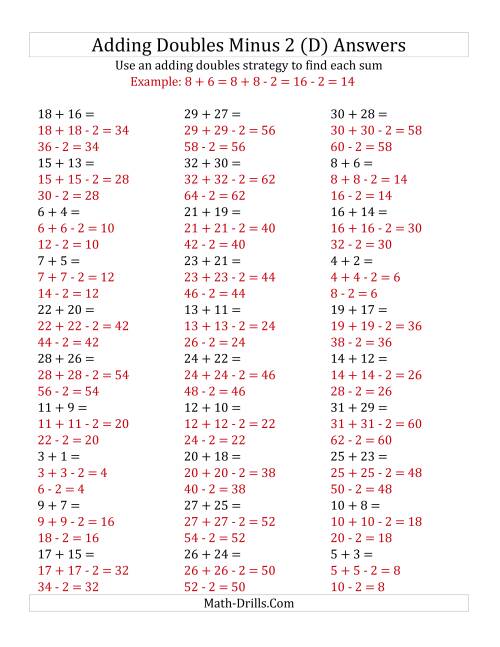 The Adding Doubles Minus 2 (Large Numbers) (D) Math Worksheet Page 2