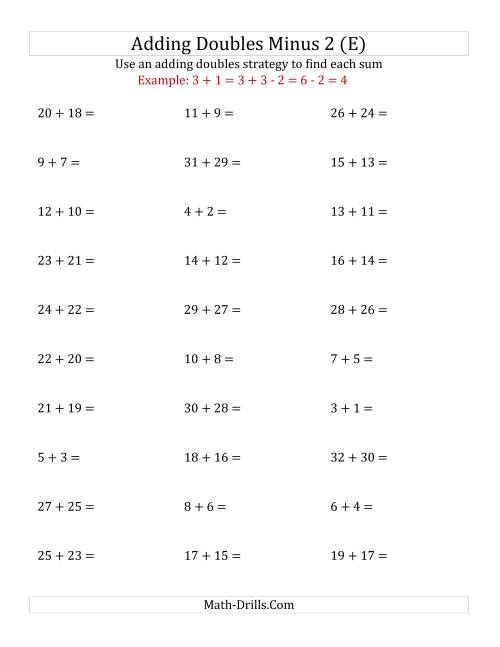 The Adding Doubles Minus 2 (Large Numbers) (E) Math Worksheet