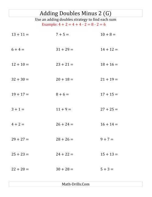 The Adding Doubles Minus 2 (Large Numbers) (G) Math Worksheet