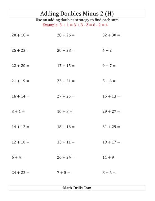 The Adding Doubles Minus 2 (Large Numbers) (H) Math Worksheet