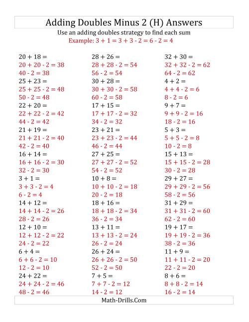 The Adding Doubles Minus 2 (Large Numbers) (H) Math Worksheet Page 2