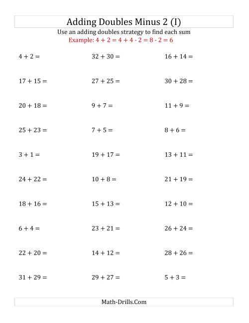 The Adding Doubles Minus 2 (Large Numbers) (I) Math Worksheet