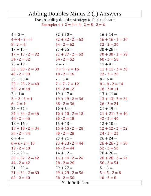 The Adding Doubles Minus 2 (Large Numbers) (I) Math Worksheet Page 2