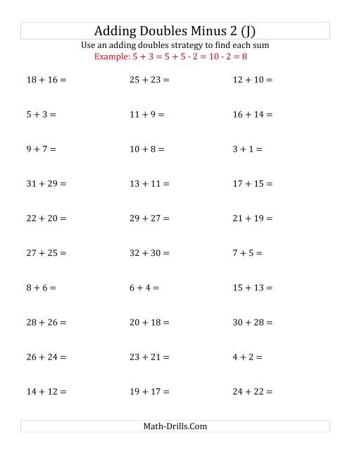 The Adding Doubles Minus 2 (Large Numbers) (J) Math Worksheet