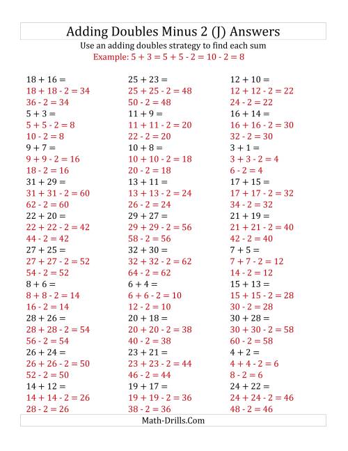 The Adding Doubles Minus 2 (Large Numbers) (J) Math Worksheet Page 2