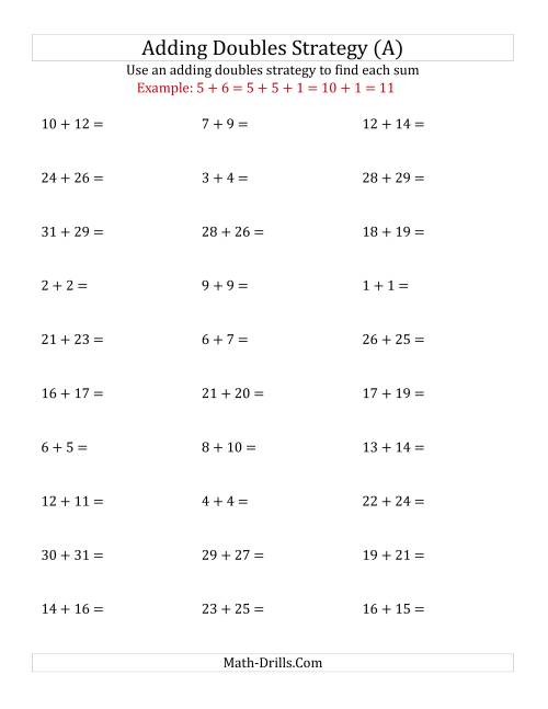 The Adding Doubles Mixed Variations (Large Numbers) (A) Math Worksheet