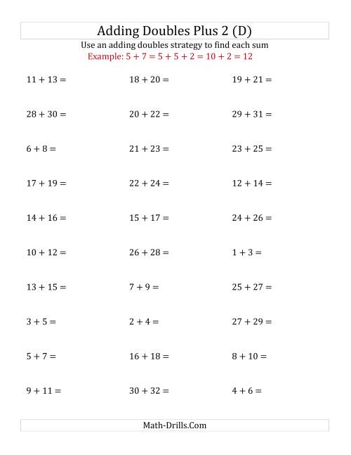 The Adding Doubles Plus 2 (Large Numbers) (D) Math Worksheet