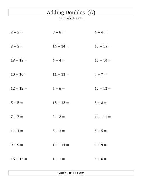 Adding Doubles (Medium Numbers) (A) Addition Worksheet