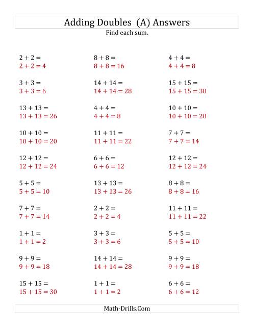 The Adding Doubles (Medium Numbers) (A) Math Worksheet Page 2