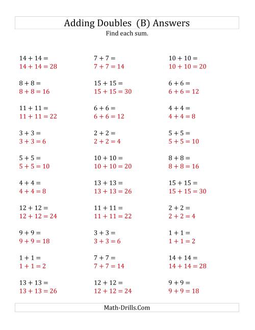 The Adding Doubles (Medium Numbers) (B) Math Worksheet Page 2