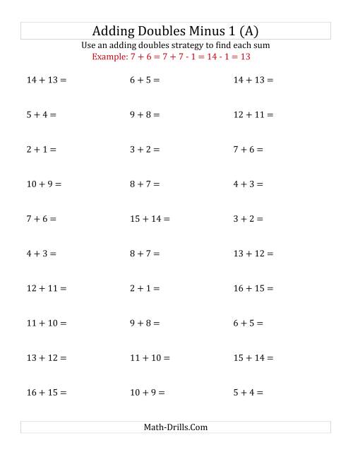 The Adding Doubles Minus 1 (Medium Numbers) (A) Math Worksheet