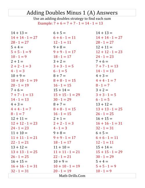 The Adding Doubles Minus 1 (Medium Numbers) (A) Math Worksheet Page 2