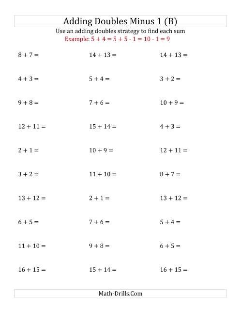 The Adding Doubles Minus 1 (Medium Numbers) (B) Math Worksheet
