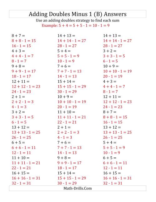 The Adding Doubles Minus 1 (Medium Numbers) (B) Math Worksheet Page 2